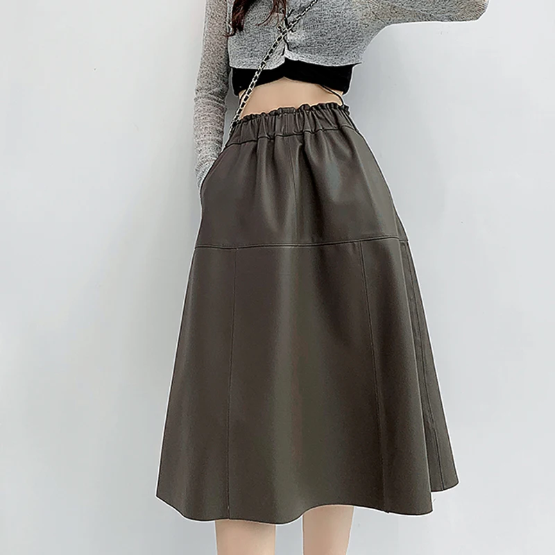 New Spring Women Clothing Genuine leather England Fashion Grey Elastic Waist Umbrella Pleated Skirt Mid-Calf Femme Chic Beige Fo