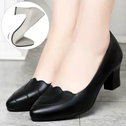 Work Shoes Mother Shoes Soft Sole Comfortable Mid-heel Single Shoes Women Thick Heel Middle-aged Women Non-slip Leather Shoes