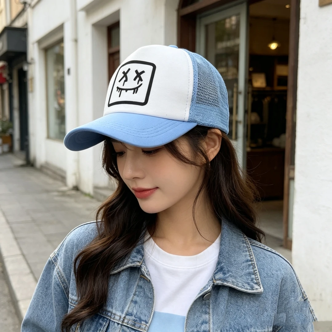 Funny Drip Smiley Face Trucker Hat Men Women Mesh Baseball Cap Adjustable Snapback Hip Hop Streetwear Outdoor Sun Hat Multi‑colo