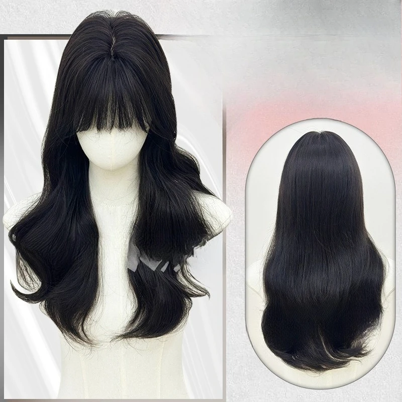 

Черно-коричневый средний и длинный вьющийся корейский чехол для холодного чувства, повседневная атмосфера уменьшения возраста, полное покрытие головы