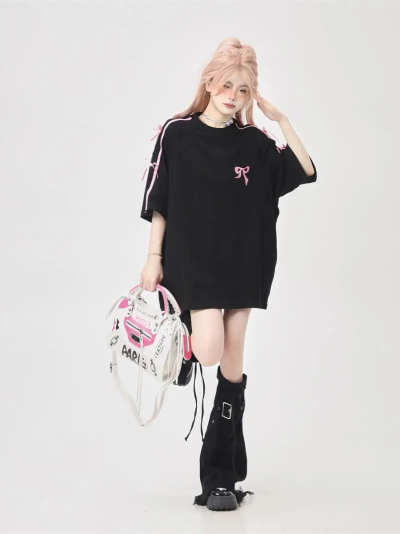 Korean Bow Loose Black Short-sleeved T-shirt Female Summer 2024 New Design Sense Niche Ins Sweet And Spicy Embroidered Top