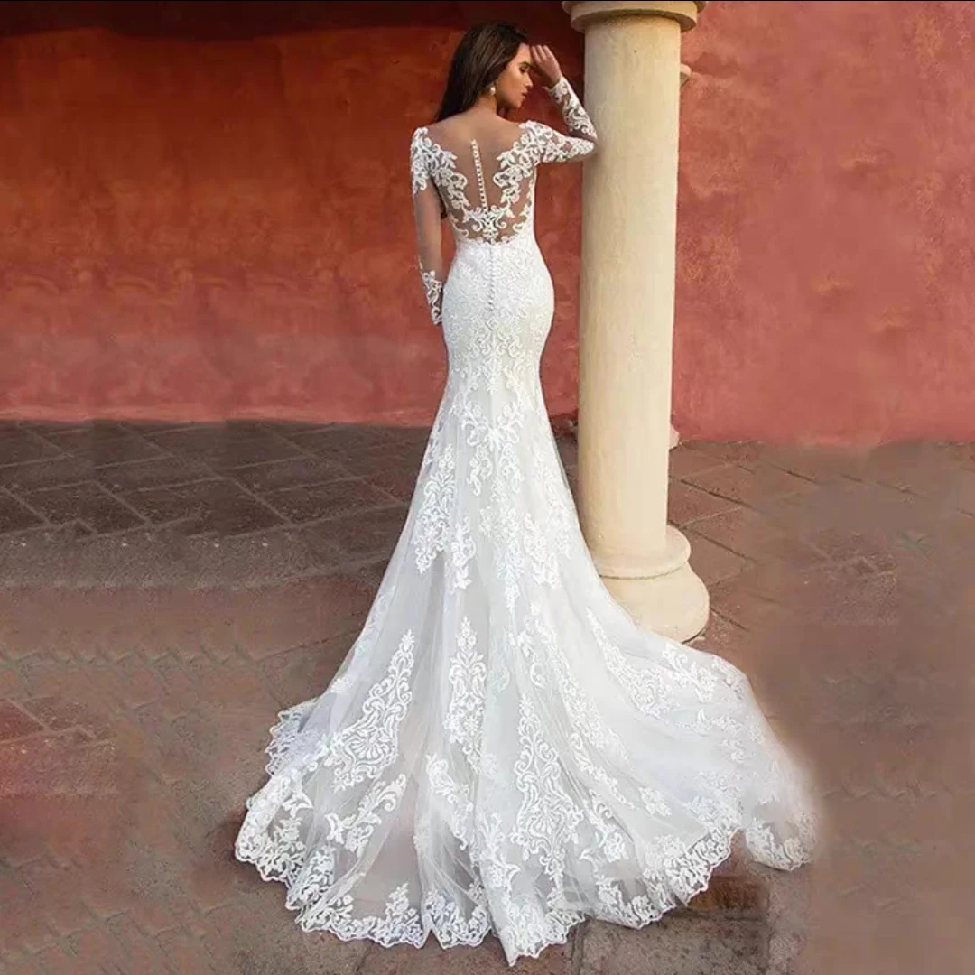 Wedding Dress Mermaid  Sheer Neck Long Sleeves With Lace Appliques Sweep Train Custom Made Vestidos De Novias 2024