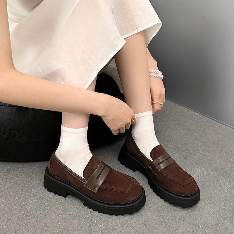 JOZHAMTA Vrouwen Casual Loafers Schoenen Vintage Echt Leer Dikke Hakken Platform Schoenen Klassieke 2025, Lente Kantoor Dame Maat 33-43