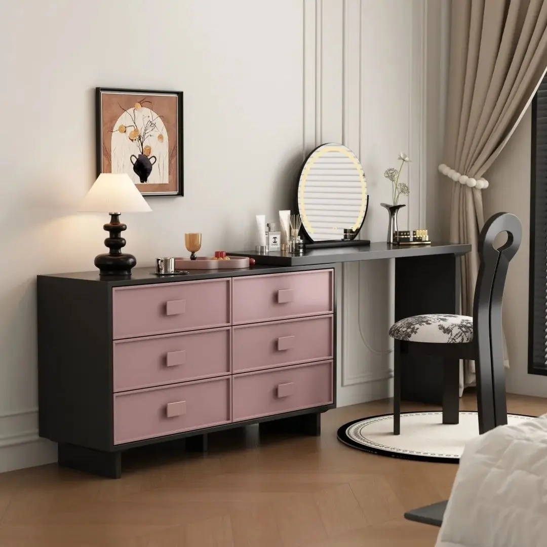 

Solid wood baked antique dopamine dresser chest cabinet integrated bedside cabinet contrasting color L-shaped retro makeup table