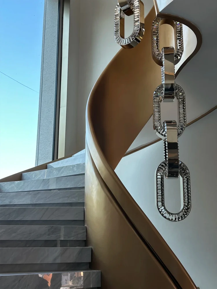 Stair chandelier, modern atmospheric villa, hollow high loft, rotating crystal duplex, long chandelier