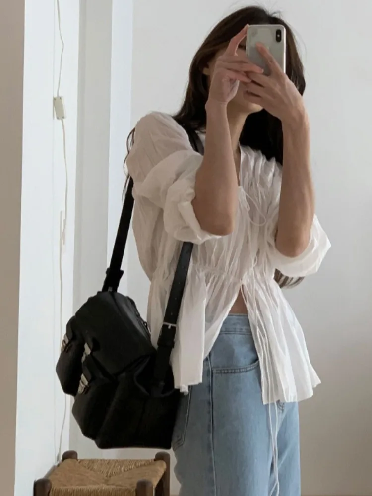 

Ele Long Sve Women's irt Summer Korean Sle Dstring Waist Design V-Ne Versatile Top Bubble Sve Polyester