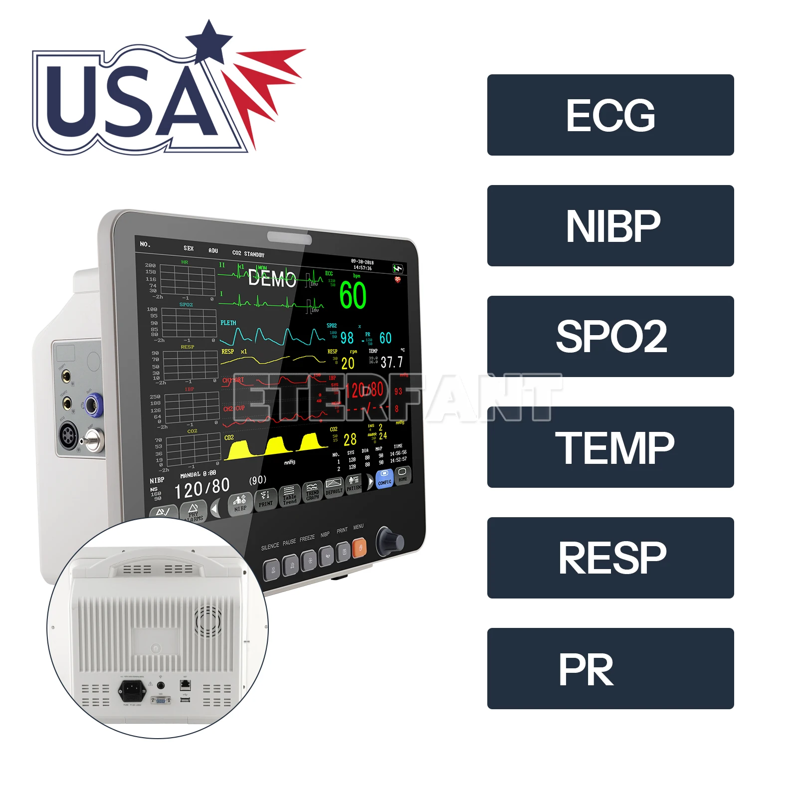 ETERFANT 15.6 بوصة مراقبة المريض ICU CCU علامة حيوية للمستشفى ECG NIBP RESP TEMP SPO2 PR 3 أوضاع العمل PM15B