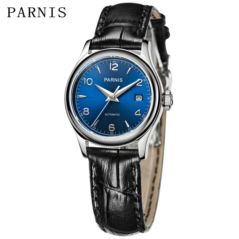 Parnis-reloj mecánico automático con esfera azul para mujer, pulsera de lujo con correa de cuero y cristal de zafiro, 26mm