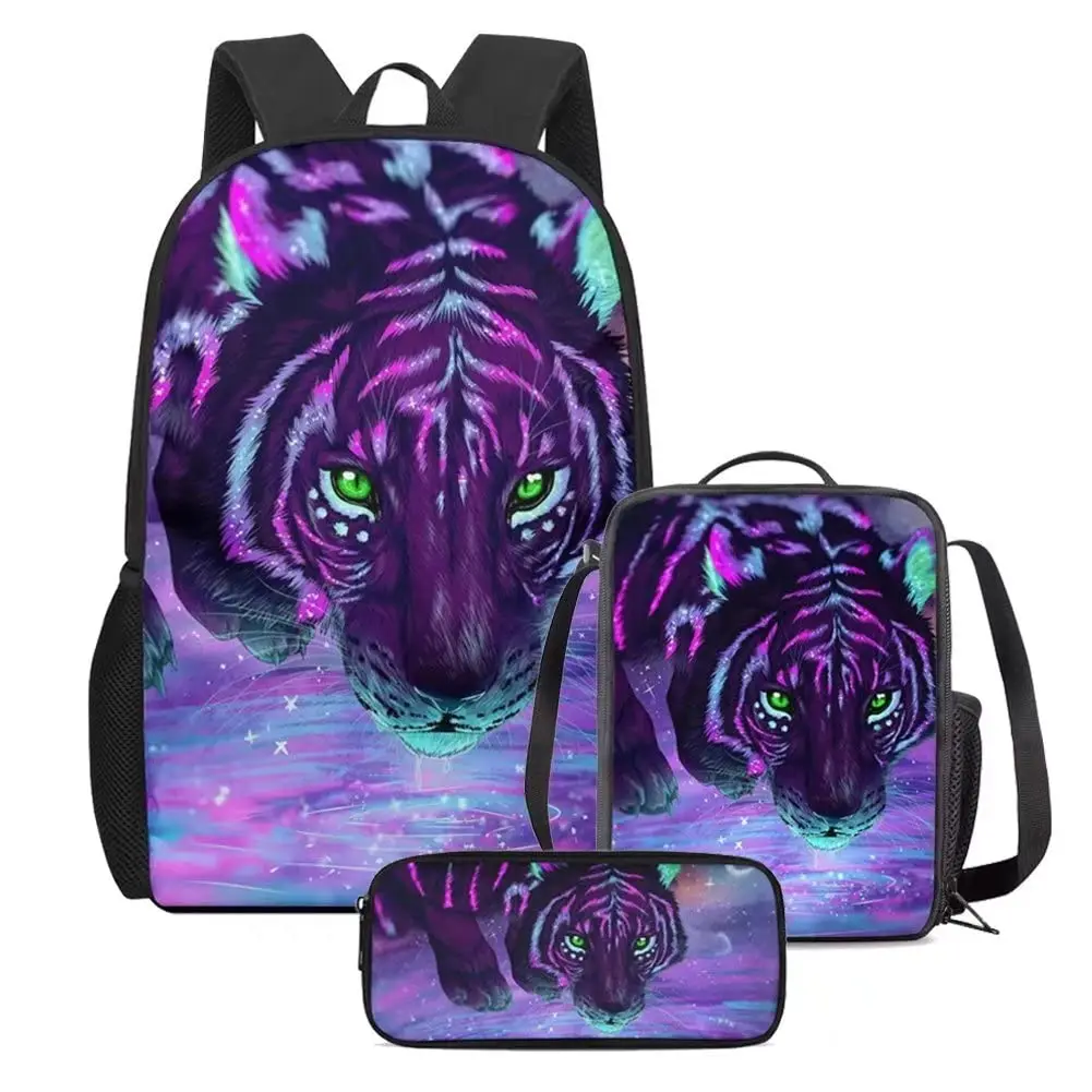 Purple Tiger Print Kids Backpack Lightweight Daypack Set 3 Pieces with Lunch Bag Pencil Case for Teenagers Girls Boys School Bag