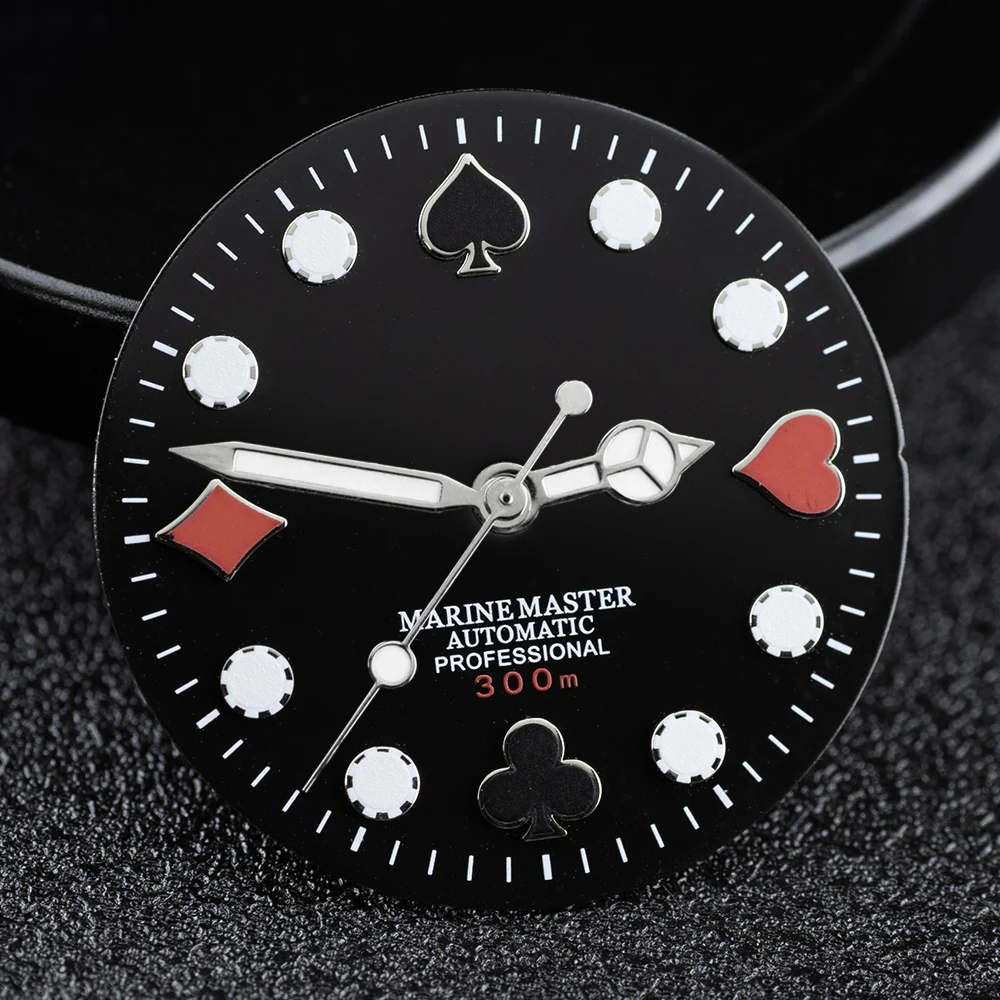 NH35 다이얼 28.5mm S 다이얼 포커 Marinemaster NH35/36 무브먼트 용 빛나는 시계 손 수정 된 다이얼 교체 시계 부품