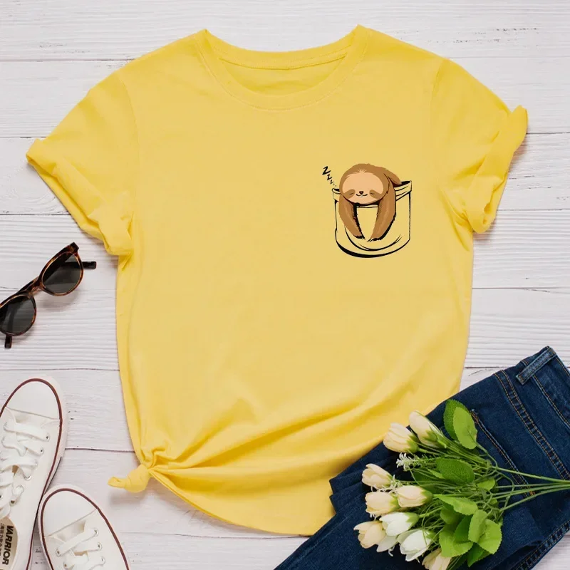 귀여운 나무늘보 프린트 여성 티셔츠 여성용 티셔츠 의류 카미세타스 무헤르 포켓 프린트 여성 티셔츠 반팔 O넥 탑