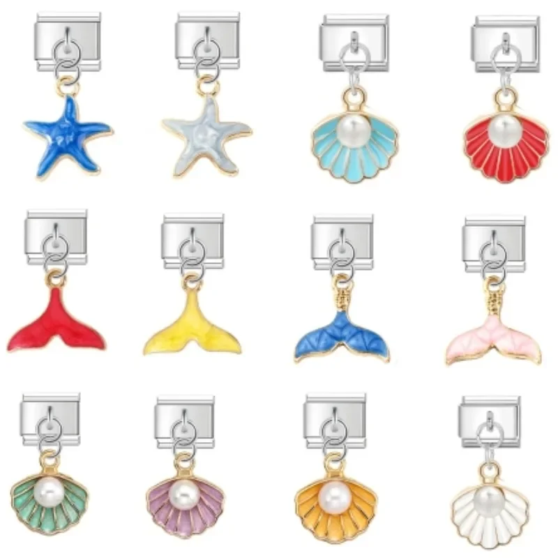 2024 Popular Modular Fish Tail Starfish Shell Charm Italian Links Fit 9mm Modular Bracelet Making DIY Women Jewelry Bulk