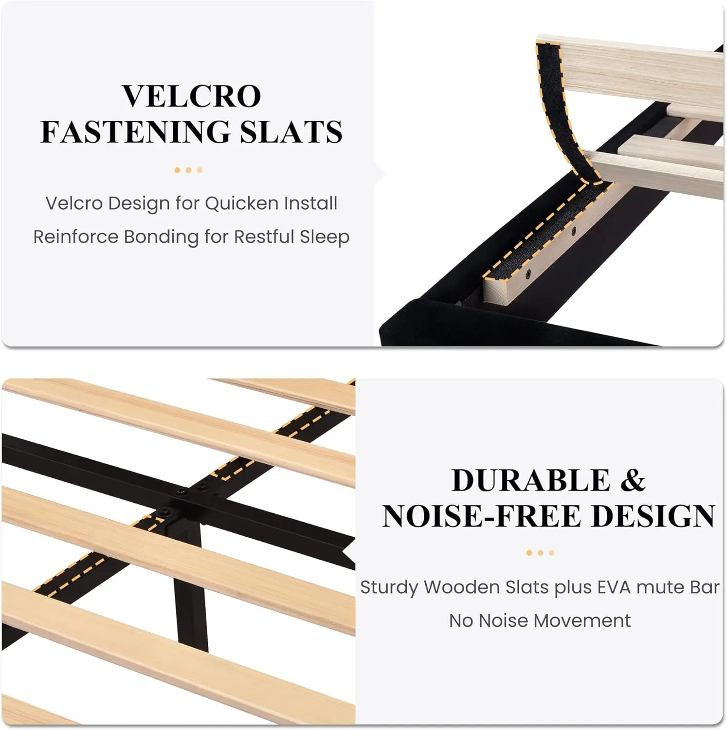 King Platform Bed Frame with Velvet Headboard, Strong Wooden Slats Support, No Box Spring Needed, Black