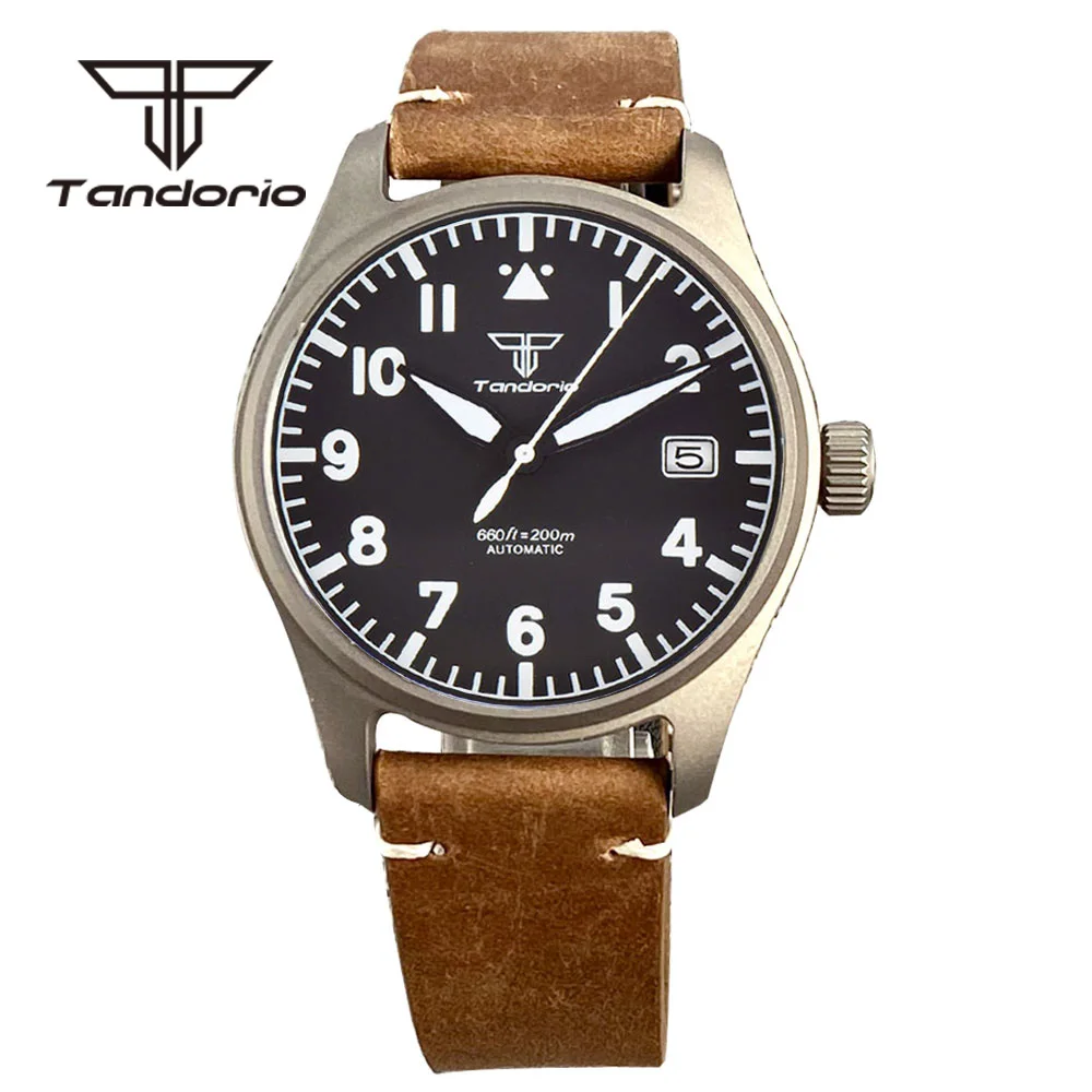 Tandorio 39mm Titan Material Fall 200m Dive Pilot Automatische Uhren für Männer Sapphire Glas Schraube Krone Leder Grün leucht