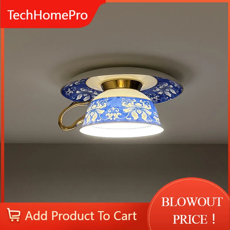 TechHPChinese Style Blue And White Cup Ceiling Lights Dining Room Kitchen Cafe Fixtures Indoor LED