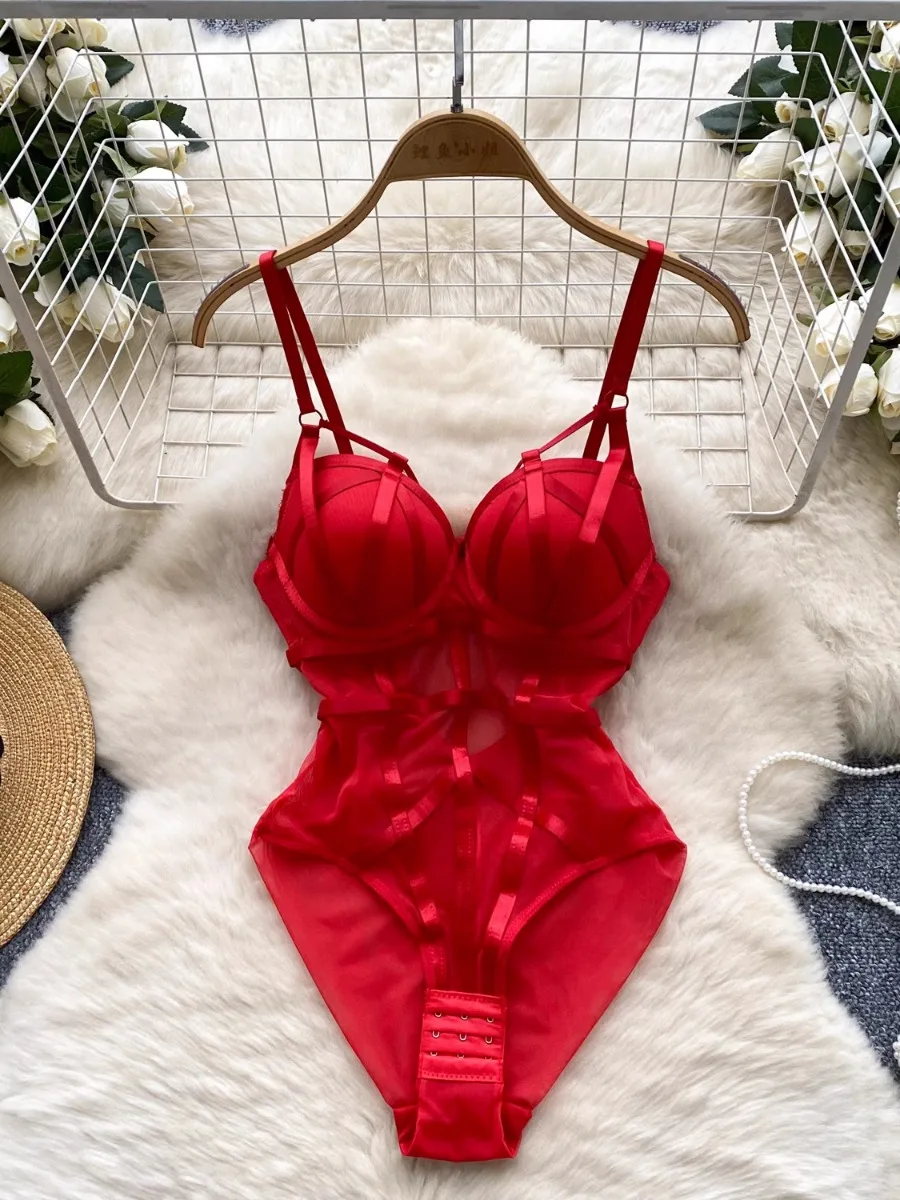 Foamlina-Body Sexy con tirantes y almohadillas para el pecho para mujer, monos con tirantes ajustados de malla transparente Pure Desire de verano