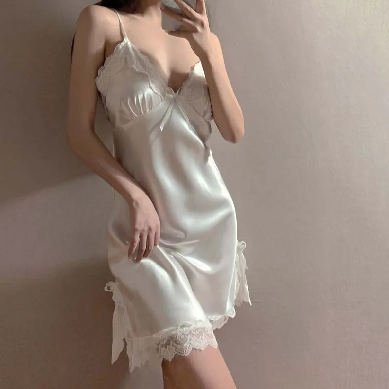 Sexy Underwear Strap Nightdress Lace Nightgown Suspenders Women Sleepwear Satin Home Fun Dress Summer Lady