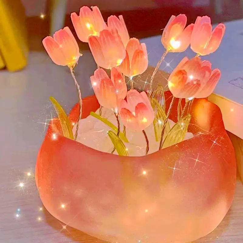 DIY Tulip Lamp Simulation Flower Bedroom Sleeping Table Lamp Handmade Craft Tulips Night Light Birthday Gift Pumpkin Cup Tulip N