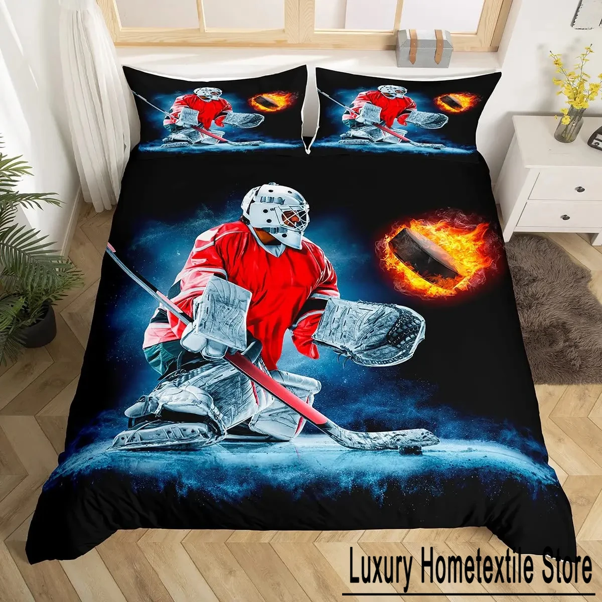 Hockey Duvet Cover Set 2/3pcs Hockey Sports Comforter Cover Polyester Hockey Puck Ball King Queen Size Quilt Cover for Boys