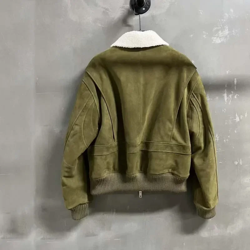 Hoge kwaliteit echt leren jas Suède schapenvacht Korte lengte Omgeslagen kraag met grote zakken Intensiveringsstijl