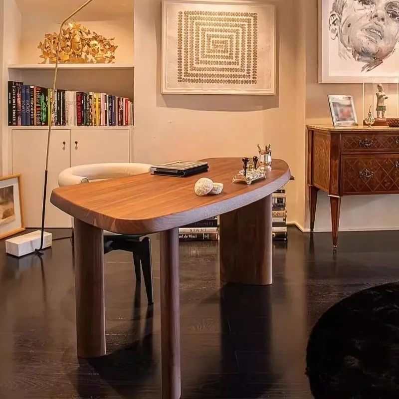 Italian minimalist style solid walnut curved computer desk, suitable for study and home office, easy to assemble