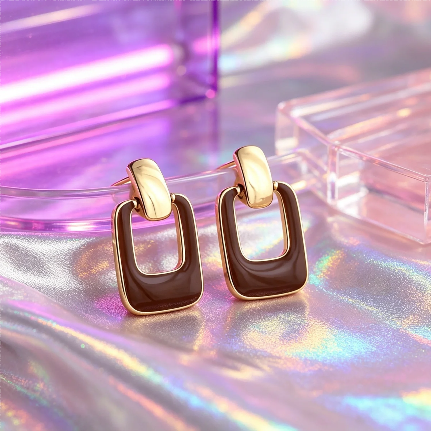 Minimalist Two-Tone Brown Enamel Rectangle Drop Earrings, Trendy Contrast Color Metallic Ear Jewelry for Ladies, Glossy Gold Frame Geometric Dangle Ear Accessories, Modern Chic Ear Ornaments for Daily Commute, Romantic Dates and Party Occasions