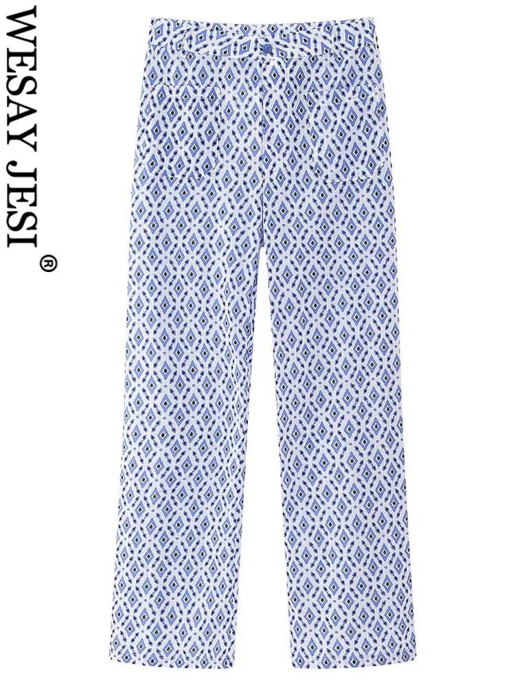 WESAY JESI TRAF Printed Women Straight Pants Casual Zipper Y2K High Waisted Pockets Full Length Lightweight Female Chic Trousers