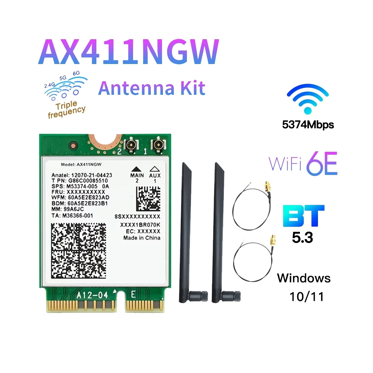 For Intel AX411 WiFi Card+8DB Antenna WiFi 6E CNVio2 BT 5.3 Tri-Band 5374Mbps WiFi Adapter for Laptop/PC Win10/11-64Bit