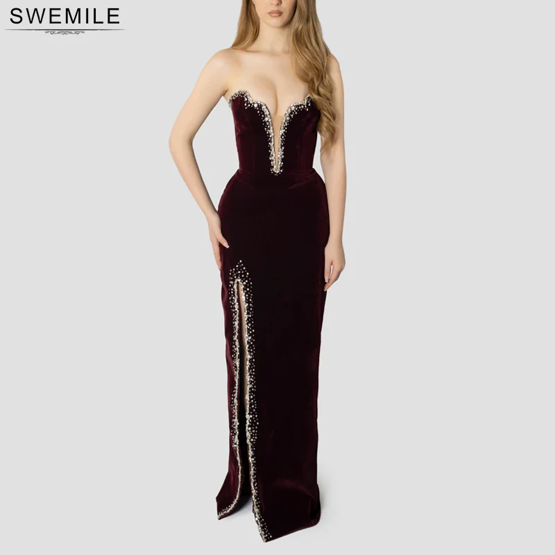 

SWEMILE Luxury Diamond Crystal Mermaid Evening Dress 2026 Sweetheart Rhinestones Side Split Prom Gown For Women Party Customized