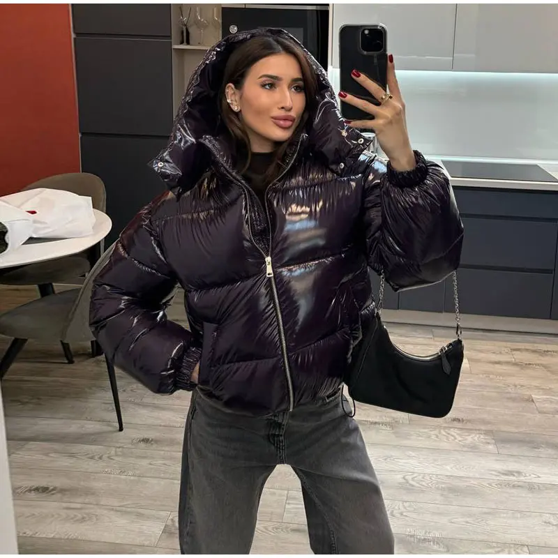 Glossy Cropped Hooded Puffer Coat Drawstring Hem Zip-Up 2026 Winter Women Warm Padded Jacket Warm Causal Lady Cotton‑Padded Coat