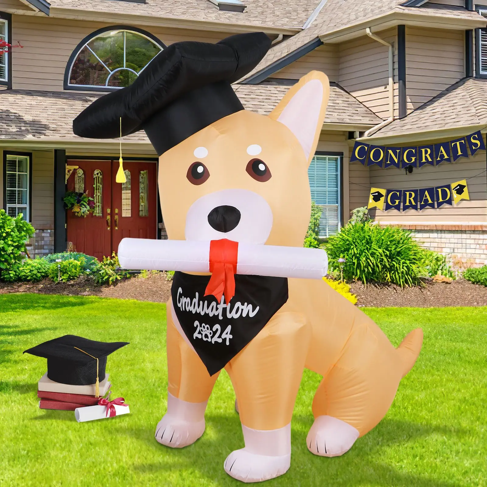 5FT Graduation Decorations Inflatable Dog with Grad Cap Bandana Diploma Graduation Blow Up Inflatable Puppy LED Outdoor Toys