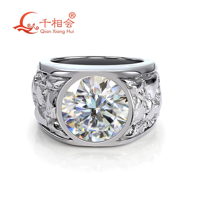 12.5mm round D VVS White Moissanite 7ct Men's Ring S925 Silver Luxury Style Carving Half Band Wedding Gift