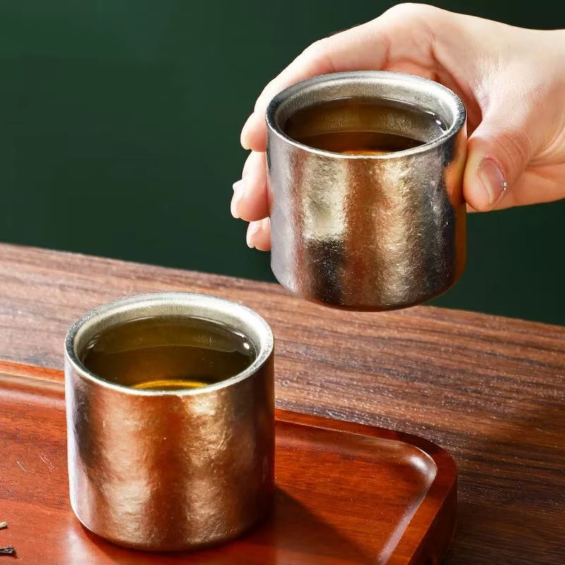 Pure Titanium Double-Wall Mini Coffee Mug,Outdoor Water Cups Silver-Gray Drinking Office Tea Mug 100 ml Luxury-Feel Coffee Cup view 4