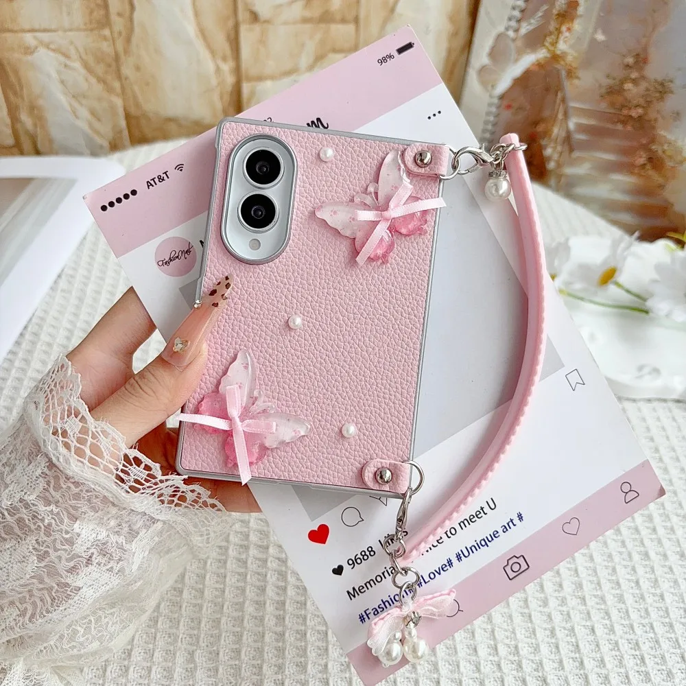 For Samsung Galaxy Z Fold 8 Wide Lychee Pattern Butterfly Phone Case Solid Color PC Shell Protection Bracelet Back Cover