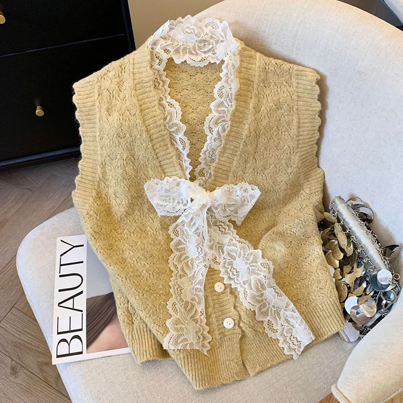 

Elegant Lace Bowknot Sweater Vest Women Spring Autumn V-Neck Sleeveless Knitted Sweater Woman Single Breasted Cardigan Vest Lady