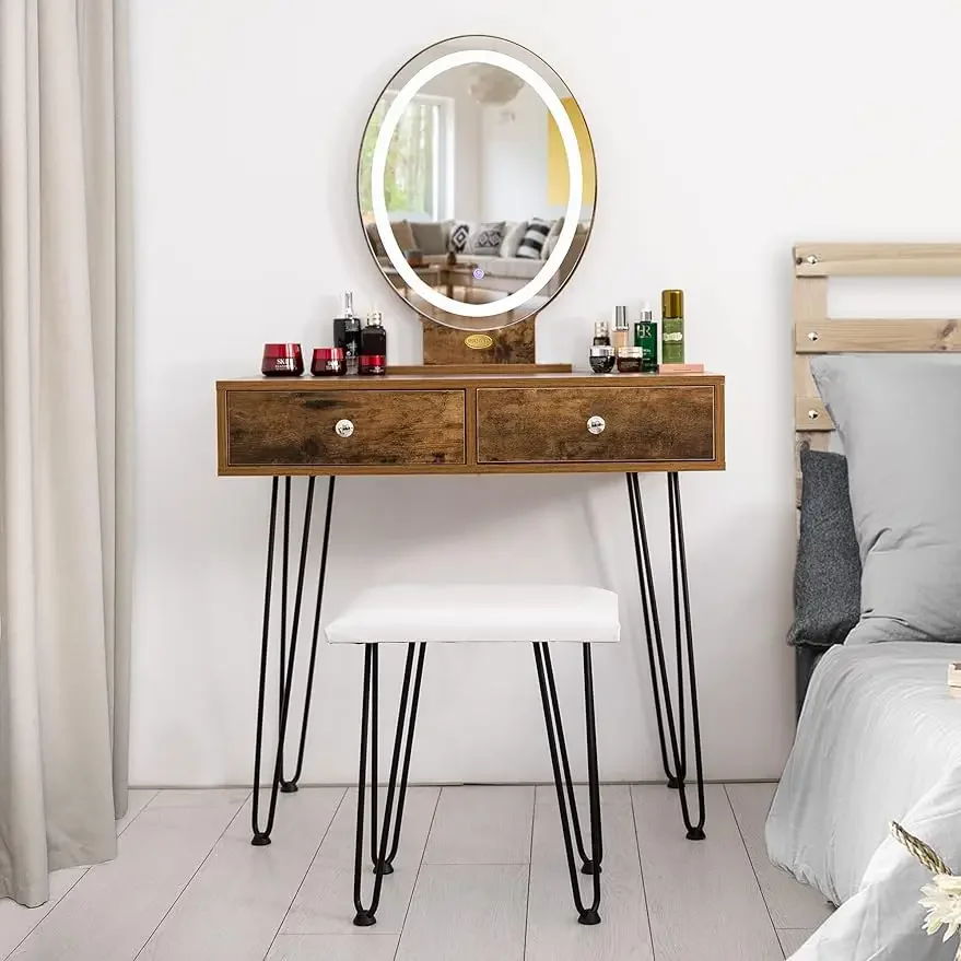 Industrial Vanity Set with 3-Color Lighted Mirror, Acrylic Makeup Organizer, Dressing Table  PU Cushioned Stool