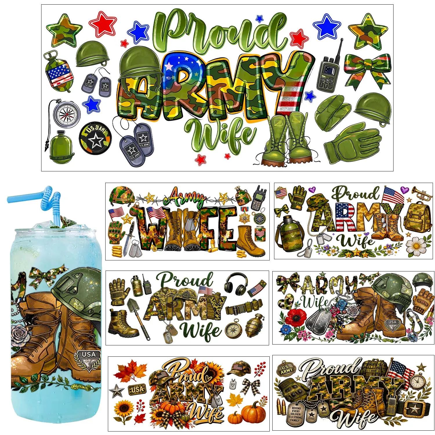 Proud Soldier STRONG VETERAN UV DTF Transfer Sticker Waterproof DIY Decals 3D Transfers UVDTF Sticker 16oz UV DTF Cup Wraps