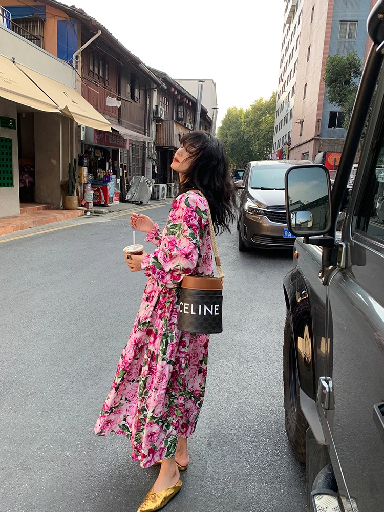 

Red Floral Print Long Sleeve V-Neck Loose Autumn Dress Elegant Lady Commute High Waist Soft Cotton Polyester A-Line Skirt