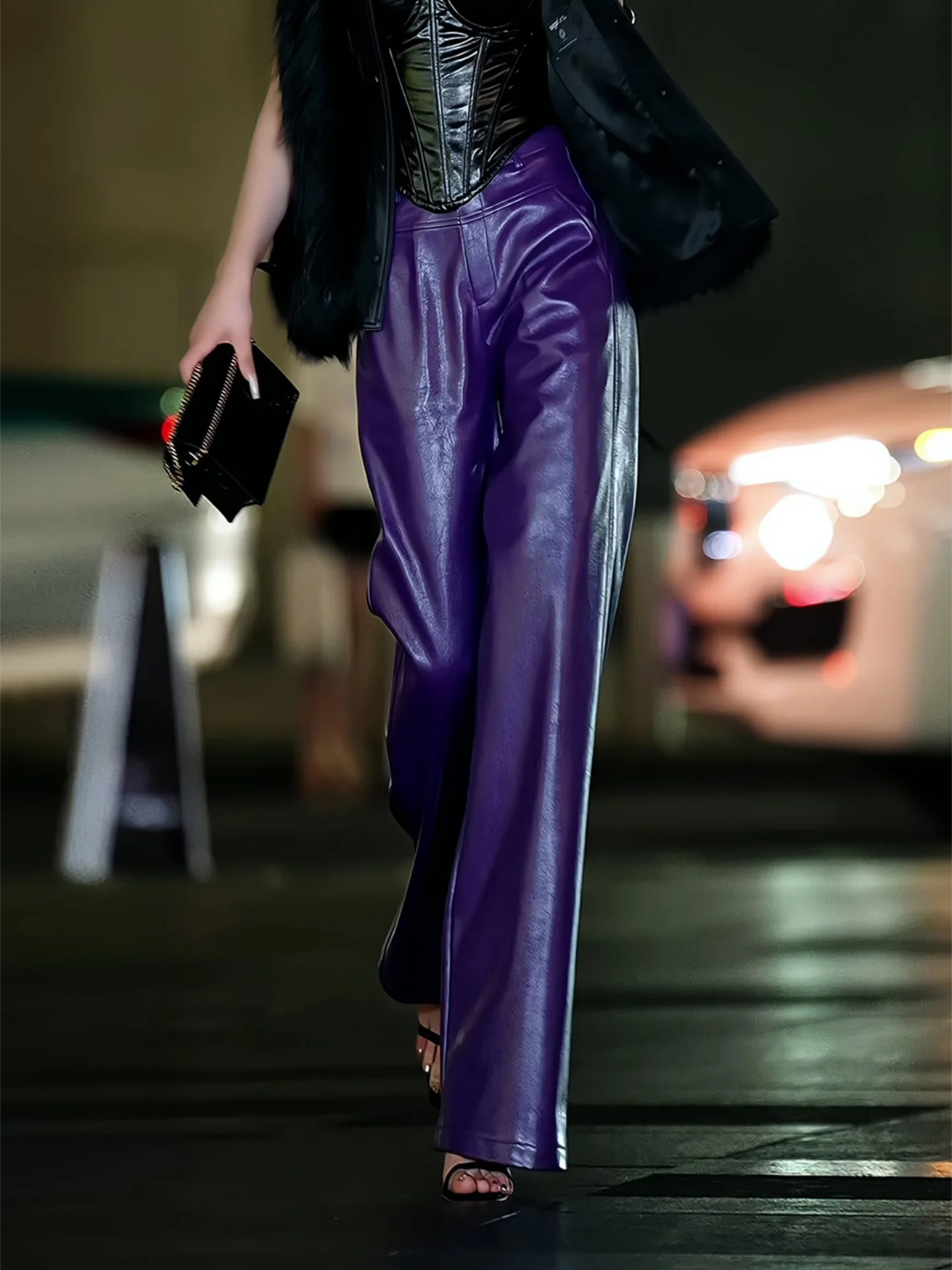 

Новые женские кожаные брюки Ele Purple с широкими штанинами, высокой талией, прямые, свободные, удлиненные, для весны