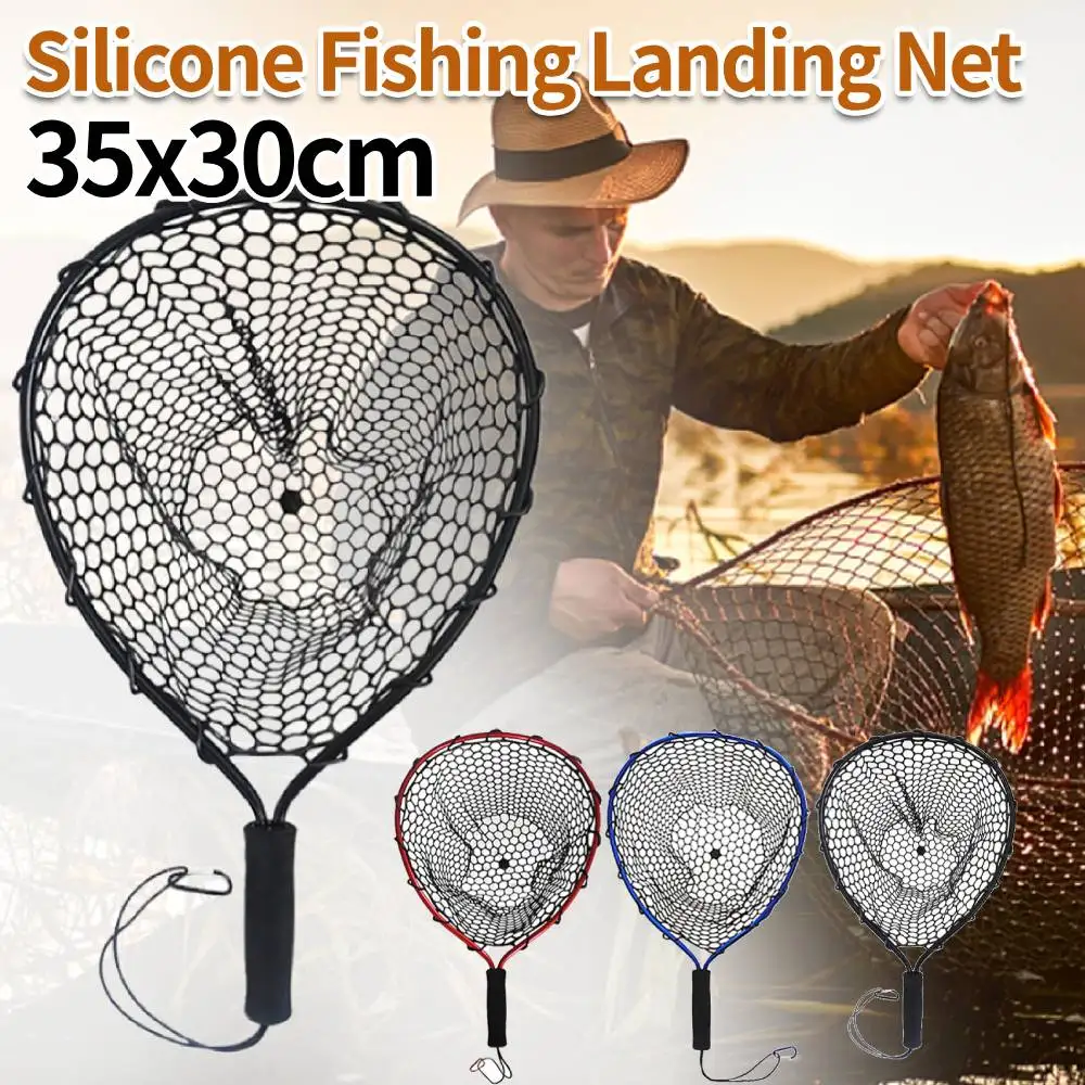 Soft Silicone Fish Net Aluminium Alloy Pole Fishing Tools Small Mesh Foldable Landing Net Pole Casting Network Trap Fishing Net