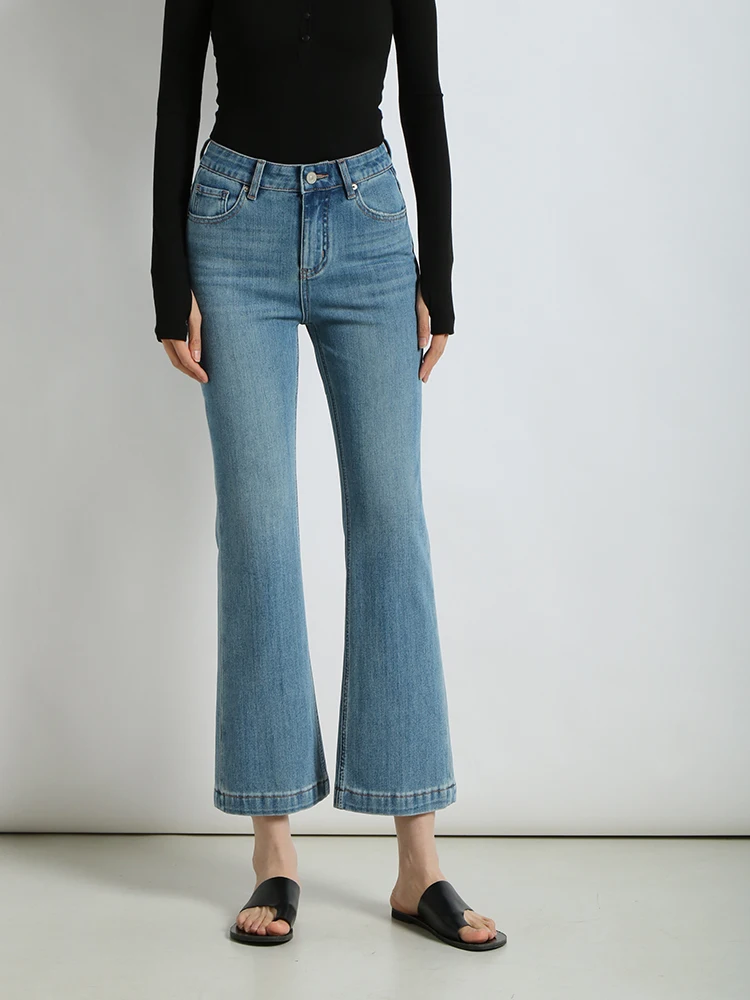 

Джинсы женские Slim Fit с высокой талией, микро-клеш, из хлопкового стрейч-денима, светло-голубые, для повседневной носки, весна-осень-зима