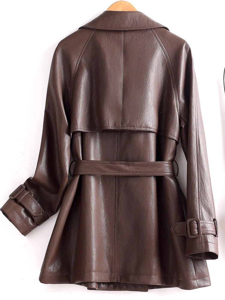 New Women Split Leather Short Trench Coat Autumn Fashion Suit Collar Double Breasted Slim Waist with Belt Casual Leather Coat