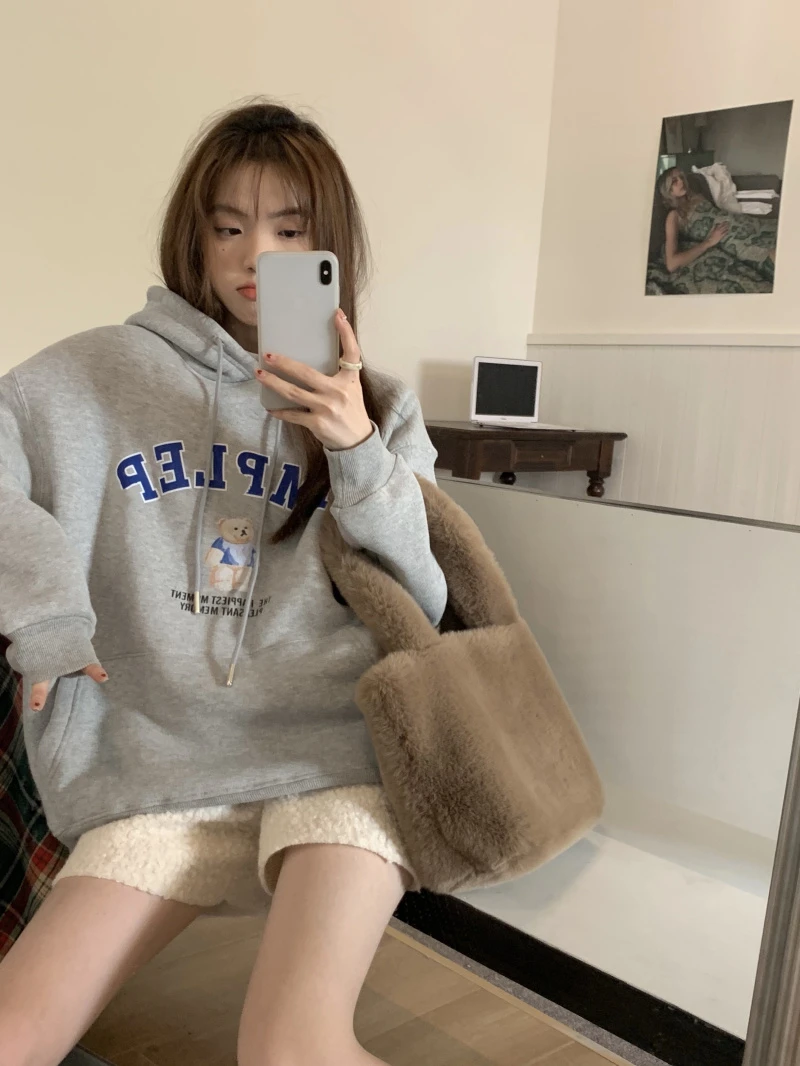 

American Style Women's Fleece Lined Hoodie Sweatshirt Spring Autumn Outerwear Casual Comfortable Loose Fit Long Sleeve
