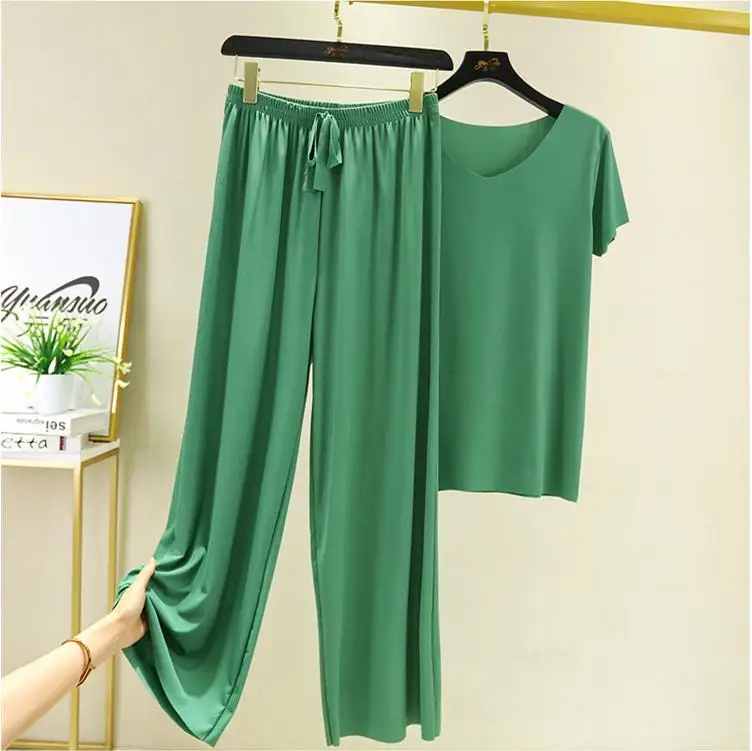 Solid Pijama set Women Clothing Summer Fashion Thin Homewear Casual Loose tshirt Wide Leg Pants Set for Women