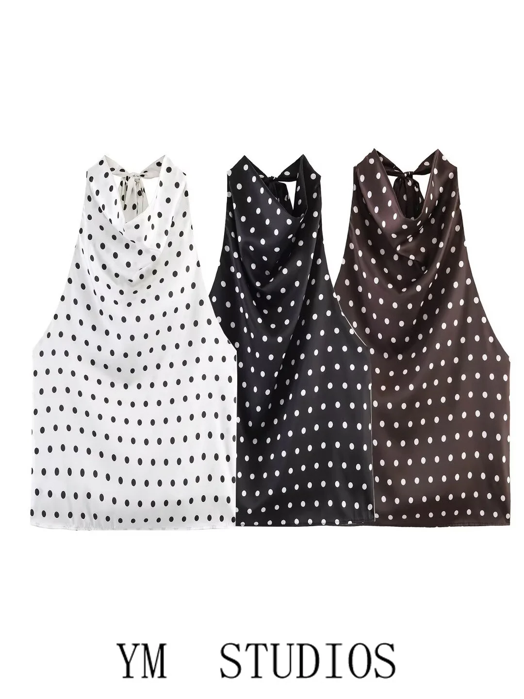 Women's Satin Polka Dot Hanging Neck Vest Slimming Outerwear Sleeveless Top Fashionable Casual Style No Chest Pad Included