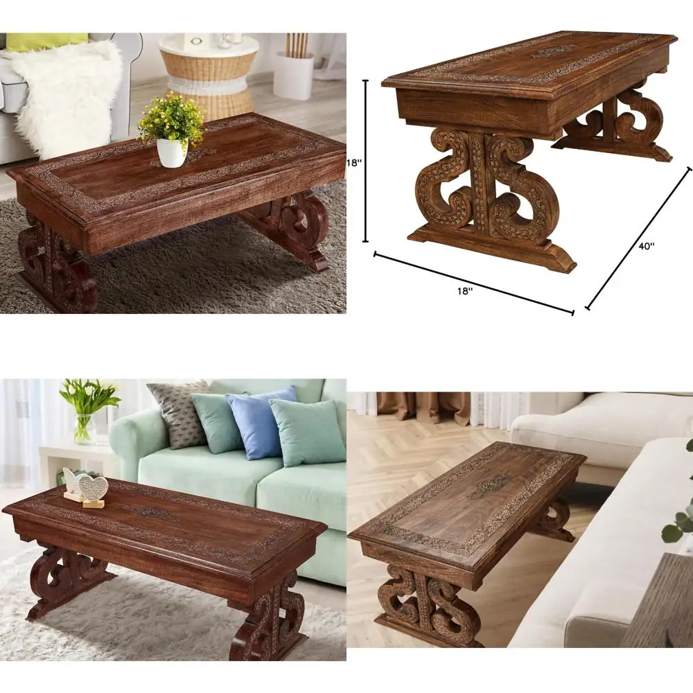 

Vintage Mango Wood Coffee Table - Handcrafted Rectangular Centerpiece for Rustic Living Rooms with Detailed Carvings
