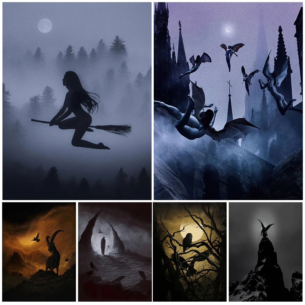 Free Flying Witches And Vampires Succubus Vintage Wall Art Canvas Painting Demonic Wizardry Worship Art Poster And Print Decor