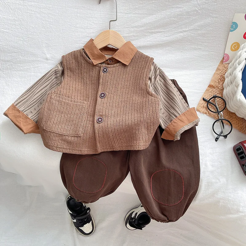 

Boys Clothes Sets Spring Autumn 2025 Children Knitted Vest Shirts Pants 3pcs Casual Suit For Baby Outfits Kids Tracksuits 3 4 5Y