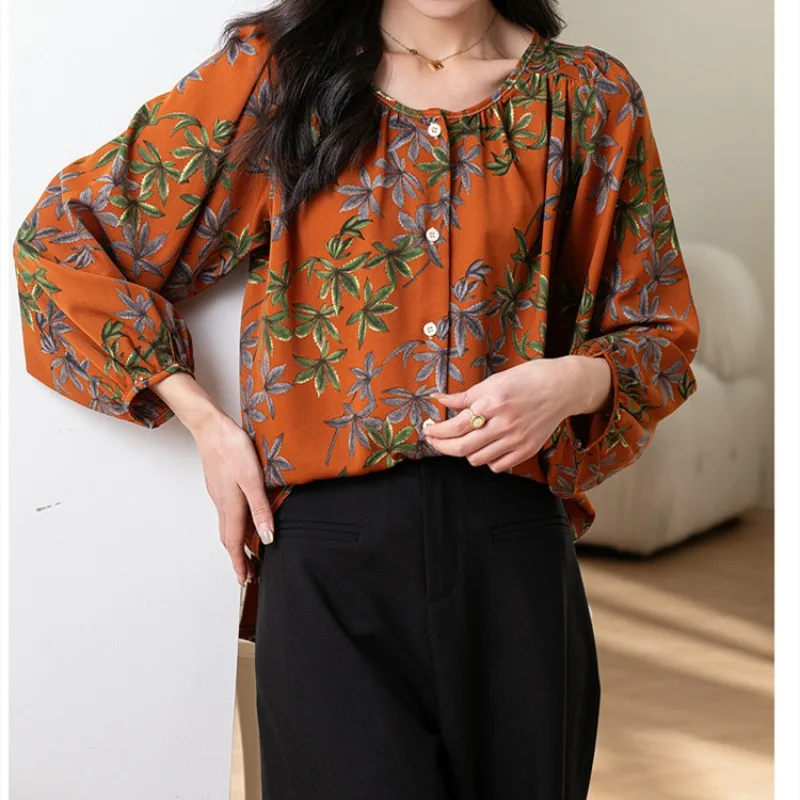 بلوزة كاجوال فضفاضة بأكمام طويلة وطبعة أوراق شجر للسيدات أثناء السفر والعطلات، قميص برتقالي، ملابس علوية #5