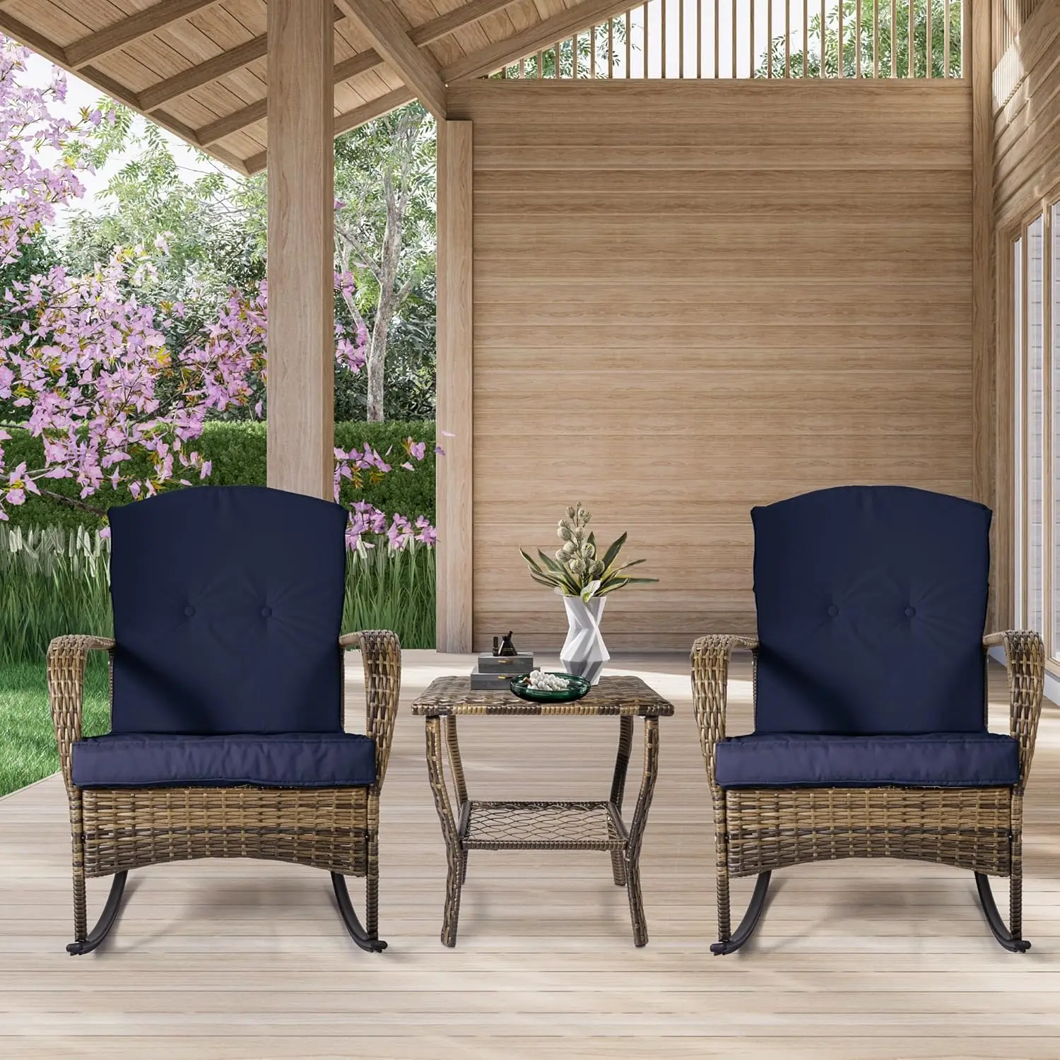 

3 Pieces Outdoor Wicker Rocking Chairs, Patio Rocking Chairs Set of 2 with Cushions, 3 Piece Patio Set, Outdoor Patio Furniture